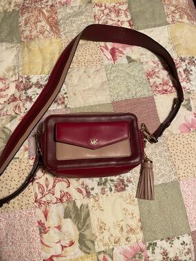 Michael Kors Red and Taupe and Maroon Leather Crossbody
